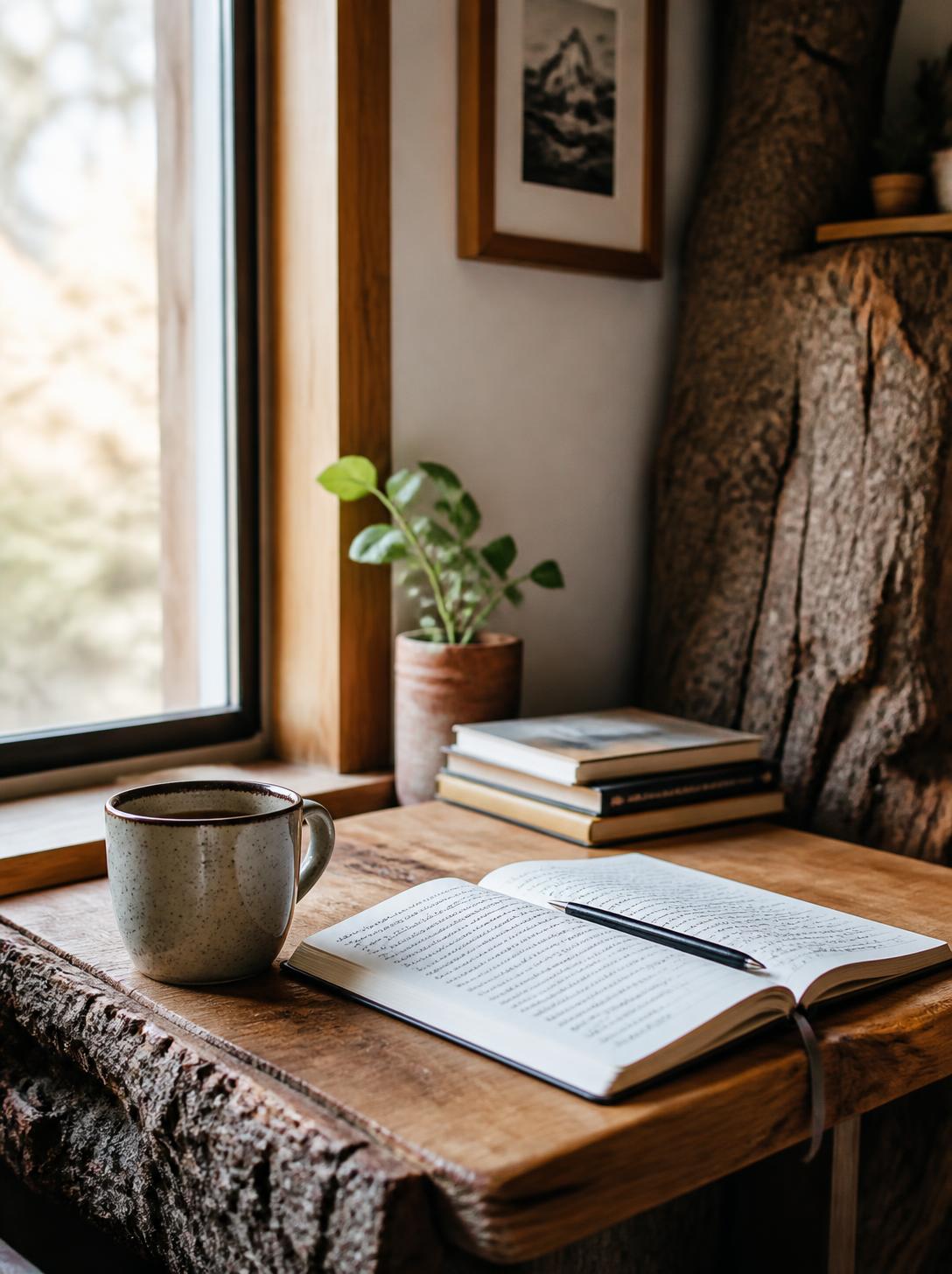 Rincón junto a la ventana con un cuaderno escrito, una taza y una pequeña planta