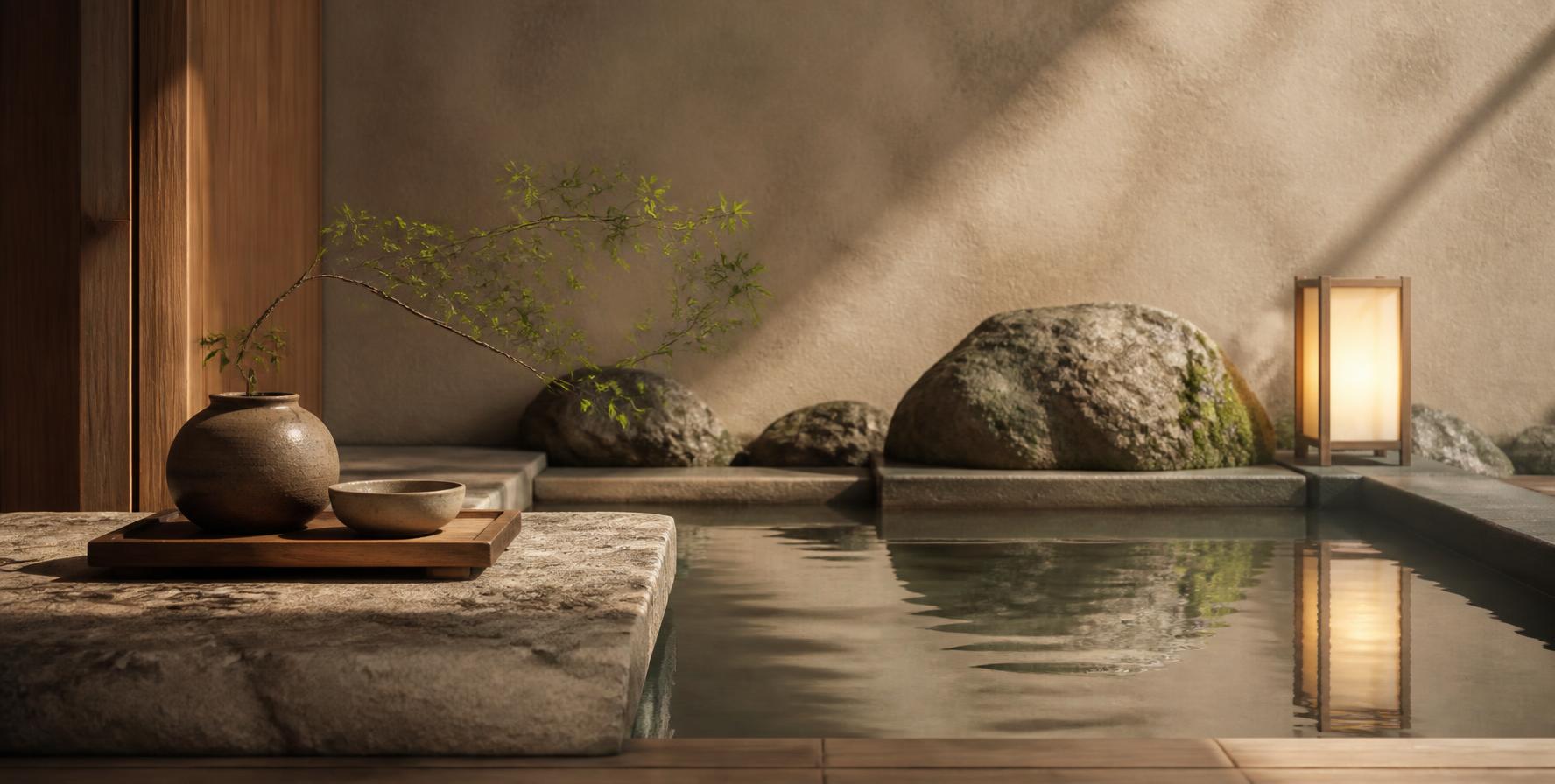 Espacio sereno de piedra, madera y agua quieta con una luz cálida