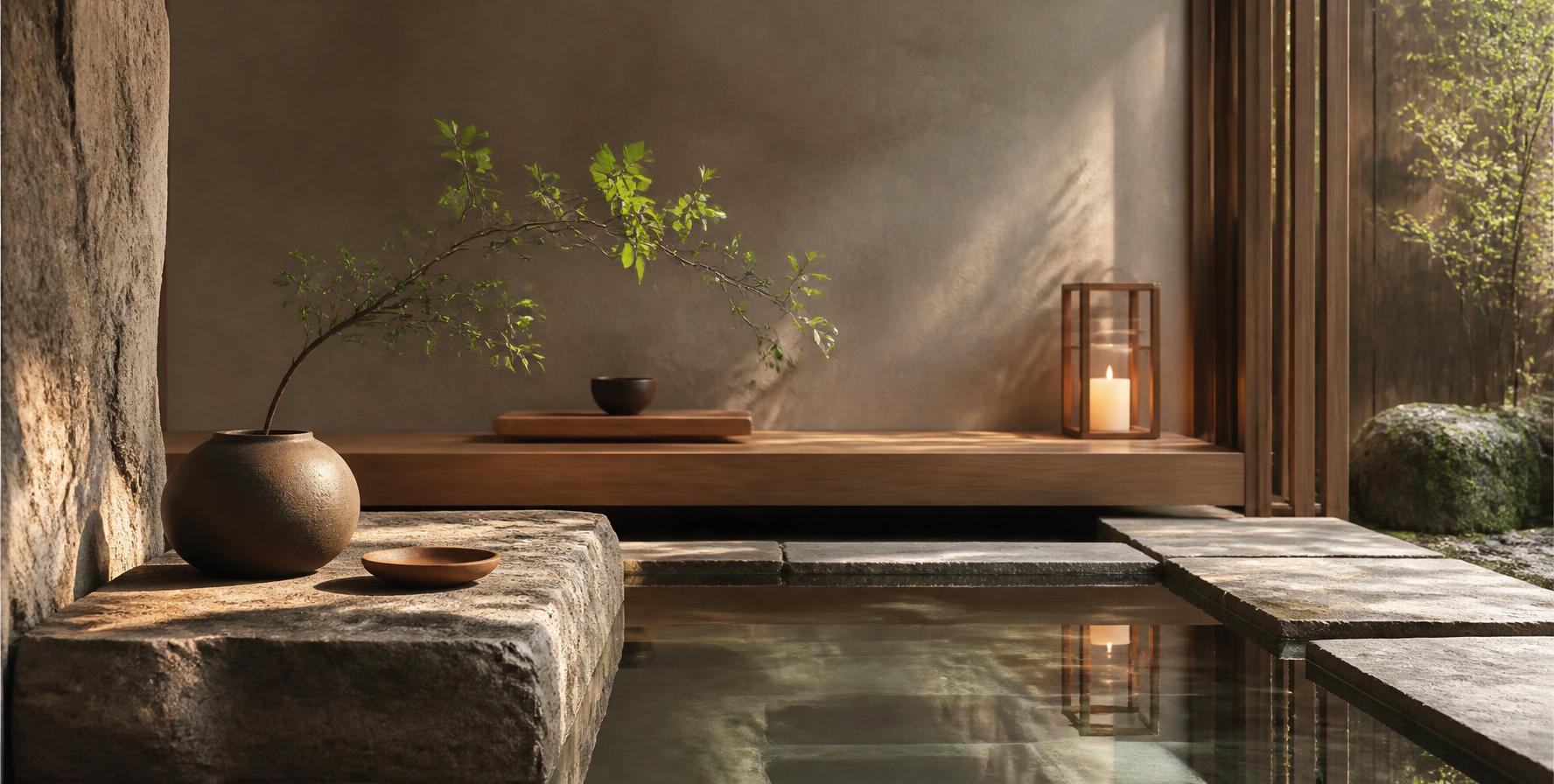 Rincón de piedra y madera junto al agua, con una rama verde y luz natural